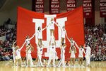 BLOOMINGTON, IL - FEBRUARY 15:  Indiana Hoosiers cheerleaders perform during the Big Ten Conference game against the Northwestern Wildcats at Assembly Hall on February 15, 2012 in Bloomington, Indiana.  (Photo by Andy Lyons/Getty Images)