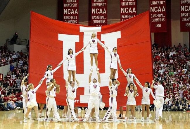 BLOOMINGTON, IL - FEBRUARY 15:  Indiana Hoosiers cheerleaders perform during the Big Ten Conference game against the Northwestern Wildcats at Assembly Hall on February 15, 2012 in Bloomington, Indiana.  (Photo by Andy Lyons/Getty Images)