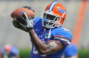 GAINESVILLE, FL - APRIL 9:  Tight end A. C. Leonard #81 of the Florida Gators grabs a warmup pass before the Orange and Blue spring football game April 9, 2011 at Ben Hill Griffin Stadium in Gainesville, Florida.  (Photo by Al Messerschmidt/Getty Images)