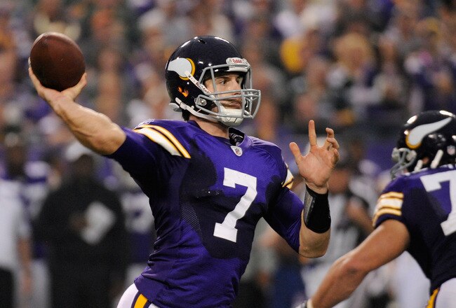 MINNEAPOLIS, MN - OCTOBER 23: Christian Ponder #7 of the Minnesota Vikings passes the ball against the Green Bay Packers in the fourth quarter on October 23, 2011 at Hubert H. Humphrey Metrodome in Minneapolis, Minnesota. The Packers defeated the Vikings 33-27. (Photo by Hannah Foslien/Getty Images)