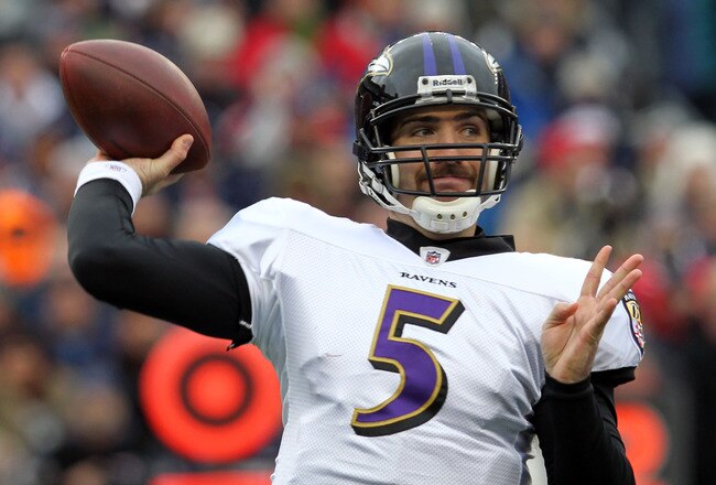 FOXBORO, MA - JANUARY 22:  Joe Flacco #5 of the Baltimore Ravens in action against the New England Patriots during their AFC Championship Game at Gillette Stadium on January 22, 2012 in Foxboro, Massachusetts.  (Photo by Jim Rogash/Getty Images)