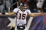 FOXBORO, MA - JANUARY 14:  Tim Tebow #15 of the Denver Broncos gestures as he reacts against the New England Patriots during their AFC Divisional Playoff Game at Gillette Stadium on January 14, 2012 in Foxboro, Massachusetts.  (Photo by Jim Rogash/Getty Images)