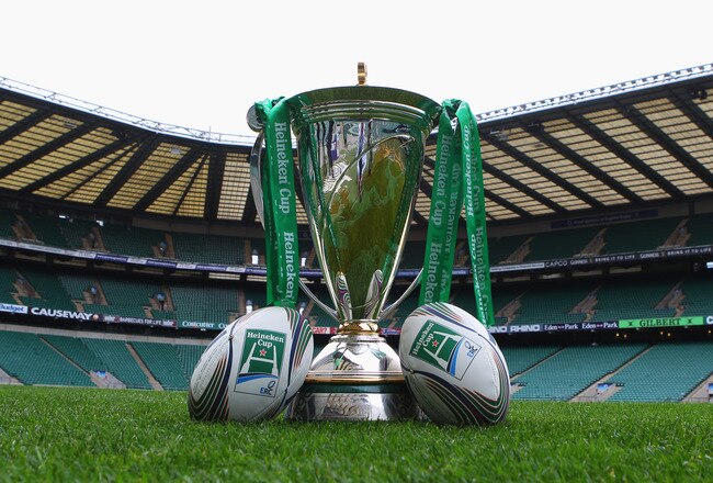 LONDON, ENGLAND - OCTOBER 31:  The Heineken trophy and match balls on the turf at the Heineken Cup Launch at Twickenham Stadium on October 31, 2011 in London, England.  (Photo by David Rogers/Getty Images for ERC)