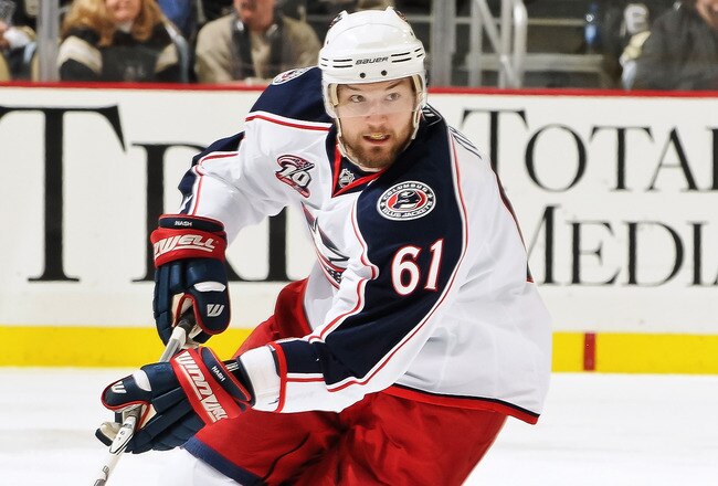 PITTSBURGH, PA - FEBRUARY 8:  Rick Nash #61 of the Columbus Blue Jackets skates with the puck against the Pittsburgh Penguins on February 8, 2011 at CONSOL Energy Center in Pittsburgh, Pennsylvania.  (Photo by Jamie Sabau/Getty Images)