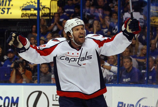 TAMPA, FL - MAY 03:  Mike Knuble #22 of the Washington Capitals argues a second period disallowed goal in Game Three of the Eastern Conference Semifinals during the 2011 NHL Stanley Cup Playoffs at St Pete Times Forum on May 3, 2011 in Tampa, Florida. The Lightning defeated the Capitals 3-2. (Photo by Bruce Bennett/Getty Images)