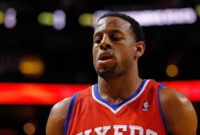 MIAMI, FL - JANUARY 21: Andre Iguodala #9 of the Philadelphia 76ers looks on during a game against the Miami Heat at American Airlines Arena on January 21, 2012 in Miami, Florida. NOTE TO USER: User expressly acknowledges and agrees that, by downloading and/or using this Photograph, User is consenting to the terms and conditions of the Getty Images License Agreement.  (Photo by Mike Ehrmann/Getty Images)