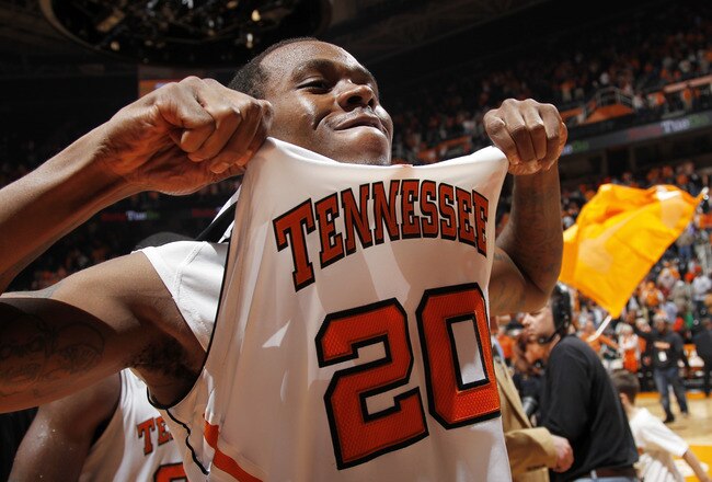 KNOXVILLE, TN - JANUARY 7: Kenny Hall #20 of the Tennessee Volunteers celebrates after the game against the Florida Gators at Thompson-Boling Arena on January 7, 2012 in Knoxville, Tennessee. Tennessee defeated Florida 67-56. (Photo by Joe Robbins/Getty Images)