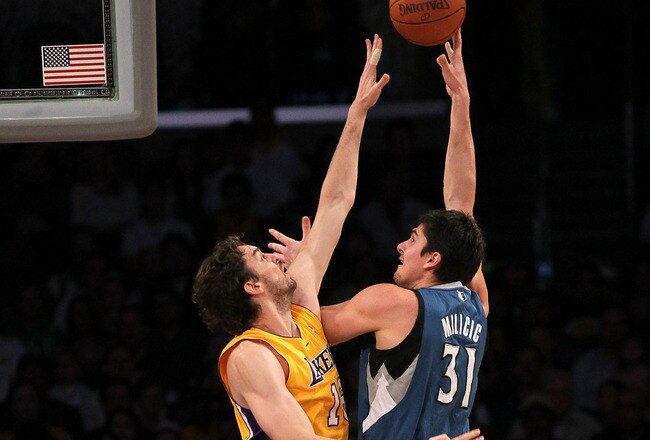 LOS ANGELES - NOVEMBER 9:  Darko Milicic #31 of the Minnesota Timberwolves shoots over Pau Gasol #16 of the Los Angeles Lakers at Staples Center on November 9, 2010 in Los Angeles, California.   NOTE TO USER: User expressly acknowledges and agrees that, by downloading and or using this photograph, User is consenting to the terms and conditions of the Getty Images License Agreement. (Photo by Stephen Dunn/Getty Images)