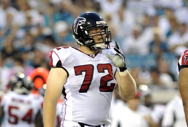 JACKSONVILLE, FL - AUGUST 9: Offensive tackle Sam Baker #72 of the Atlanta Falcons sets for play against the Jacksonville Jaguars at Jacksonville Municipal Stadium on August 9, 2008 in Jacksonville, Florida.   (Photo by Al Messerschmidt/Getty Images)