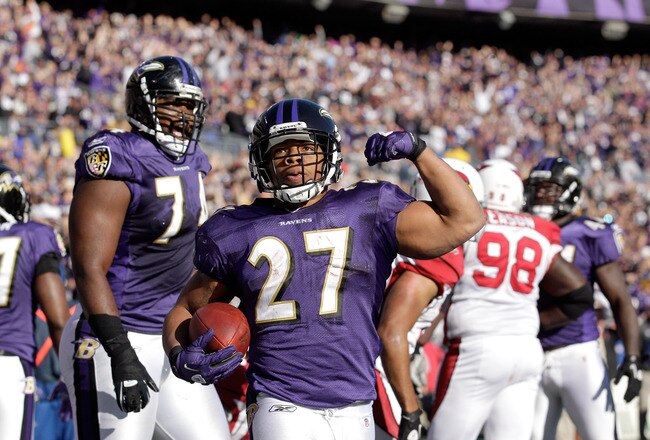BALTIMORE, MD - OCTOBER 30:  Ray Rice #27 of the Baltimore Ravens celebrates after scoring a touchdown against the Arizona Cardinals at M&T Bank Stadium on October 30, 2011 in Baltimore, Maryland. The Baltimore won 30-27.  (Photo by Rob Carr/Getty Images)