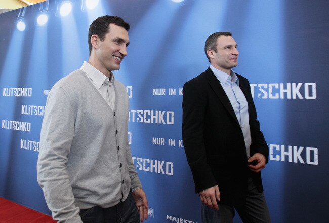 BERLIN, GERMANY - APRIL 07:  (L-R) Wladimir Klitschko and his brother Vitali Klitschko attend a photocall to promote the 'Klitschko' documentary movie at Astor Film Lounge on April 7, 2011 in Berlin, Germany.  (Photo by Andreas Rentz/Getty Images)