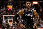 MIAMI, FL - JANUARY 29:  LeBron James #6 of the Miami Heat looks on during a game against the Chicago Bulls at American Airlines Arena on January 29, 2012 in Miami, Florida. NOTE TO USER: User expressly acknowledges and agrees that, by downloading and/or using this Photograph, User is consenting to the terms and conditions of the Getty Images License Agreement.  (Photo by Mike Ehrmann/Getty Images)