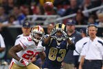 ST. LOUIS, MO - JANUARY 1: Brandon Lloyd #83 of the St. Louis Rams looks to make a catch against Chris Culliver #29 of the San Francisco 49ers at the Edward Jones Dome on January 1, 2012 in St. Louis, Missouri.  The 49ers beat the Rams 34-27.  (Photo by Dilip Vishwanat/Getty Images)