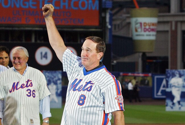 NEW YORK - SEPTEMBER 28:  Former New York Met Gary Carter thanks fans from the field in a post game ceremony after the last regular season baseball game ever played in Shea Stadium against the Florida Marlins on September 28, 2008 in the Flushing neighborhood of the Queens borough of New York City. The Mets plan to start next season at their new stadium Citi Field after playing in Shea for over 44 years.  (Photo by Jim McIsaac/Getty Images)