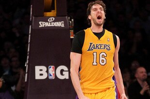 LOS ANGELES, CA - DECEMBER 27:  Pau Gasol #16 of the Los Angeles Lakers celebrates after making a basket in the second quarter against the Utah Jazz at Staples Center on December 27, 2011 in Los Angeles, California.  The Lakers won 96-71.  NOTE TO USER: User expressly acknowledges and agrees that, by downloading and or using this photograph, User is consenting to the terms and conditions of the Getty Images License Agreement.  (Photo by Stephen Dunn/Getty Images)