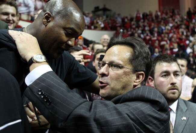 BLOOMINGTON, IN - DECEMBER 10:  Tom Crean the head coach of the Indiana Hoosiers is congratulated after Indiana beat the Kentucky Wildcats 73-72 in the game at Assembly Hall on December 10, 2011 in Bloomington, Indiana.  (Photo by Andy Lyons/Getty Images)