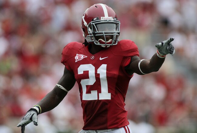 TUSCALOOSA, AL - SEPTEMBER 3:  Defensive back Dre Kirkpatrick #21 of the Alabama Crimson Tide during the game with the Kent State Golden Flashes on September 3, 2011 at Bryant Denny Stadium in Tuscaloosa, Alabama.  Alabama defeated Kent State 48-7.  (Photo by Greg McWilliams/Getty Images)