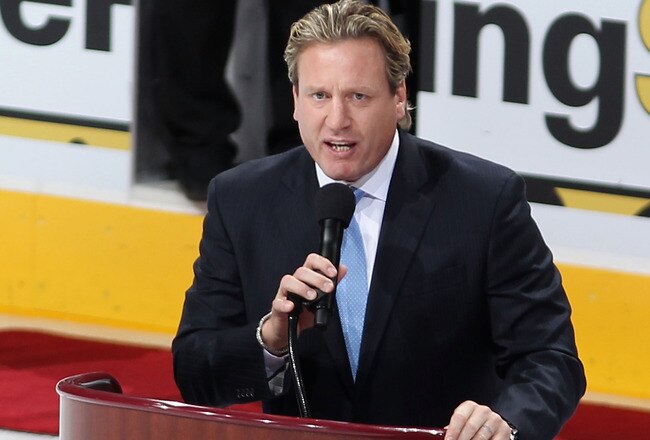 GLENDALE, AZ - FEBRUARY 11:  Jeremy Roenick speaks to the crowd as he is inducted into the team's Ring of Honor before the NHL game between the Chicago Blackhawks and the Phoenix Coyotes at Jobing.com Arena on February 11, 2012 in Glendale, Arizona. The Coyotes defeated the Blackhawks 3-0.  (Photo by Christian Petersen/Getty Images)