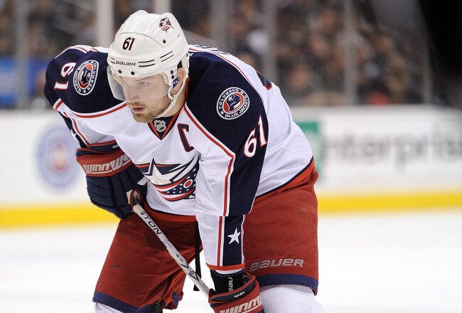 LOS ANGELES, CA - JANUARY 07:  Rick Nash #61 of the Columbus Blue Jackets waits for a faceoff during the game against the Los Angeles Kings at Staples Center on January 7, 2012 in Los Angeles, California.  (Photo by Harry How/Getty Images)