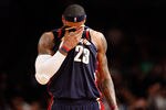 NEW YORK - FEBRUARY 04:  LeBron James #23 of the Cleveland Cavaliers wipes sweat from his face against the New York Knicks on February 4, 2009 at Madison Square Garden in New York City. NOTE TO USER: User expressly acknowledges and agrees that, by downloading and or using this photograph, User is consenting to the terms and conditions of the Getty Images License Agreement.  (Photo by Nick Laham/Getty Images)
