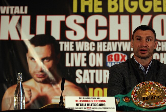 LONDON, ENGLAND - JANUARY 09:  WBC World Heavyweight Champion Vitali Klitschko of the Ukraine addresses the media during a press conference at The Landmark Hotel on January 9, 2012 in London, England.  (Photo by Andrew Redington/Getty Images)