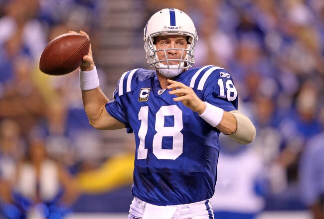 INDIANAPOLIS - SEPTEMBER 19:  Peyton Manning #18 of the Indianapolis Colts throws a pass during  the NFL game against the New York Giants  at Lucas Oil Stadium on September 19, 2010 in Indianapolis, Indiana.  (Photo by Andy Lyons/Getty Images)