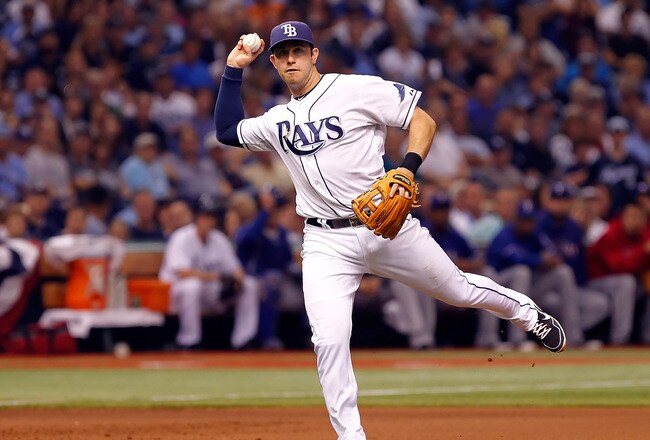ST. PETERSBURG - OCTOBER 03:  Infielder Evan Longoria #3 of the Tampa Bay Rays throws over to first for an out against the Texas Rangers during Game Three of the American League Division Series at Tropicana Field on October 3, 2011 in St. Petersburg, Florida.  (Photo by J. Meric/Getty Images)