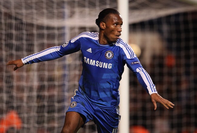 LONDON, ENGLAND - DECEMBER 06:  Didier Drogba of Chelsea celebrates as he scores their third goal during the UEFA Champions League Group E match between Chelsea FC and Valencia CF at Stamford Bridge on December 6, 2011 in London, England.  (Photo by Scott Heavey/Getty Images)