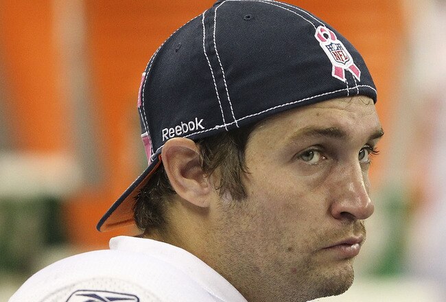 DETROIT - OCTOBER 10:  Jay Cutler #6 of the Chicago Bears watches the action on the side lines during the game against the Detroit Lions at Ford Field on October 10, 2011 in Detroit, Michigan. The Lions defeated the Bears 24-13.  (Photo by Leon Halip/Getty Images)