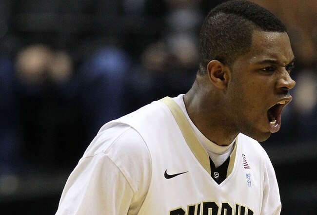 INDIANAPOLIS, IN - MARCH 11:  Kelsey Barlow #12 of the Purdue Boilermakers reacts against the Michigan State Spartans during the quarterfinals of the 2011 Big Ten Men's Basketball Tournament at Conseco Fieldhouse on March 11, 2011 in Indianapolis, Indiana. Michigan State won 74-56.  (Photo by Andy Lyons/Getty Images)