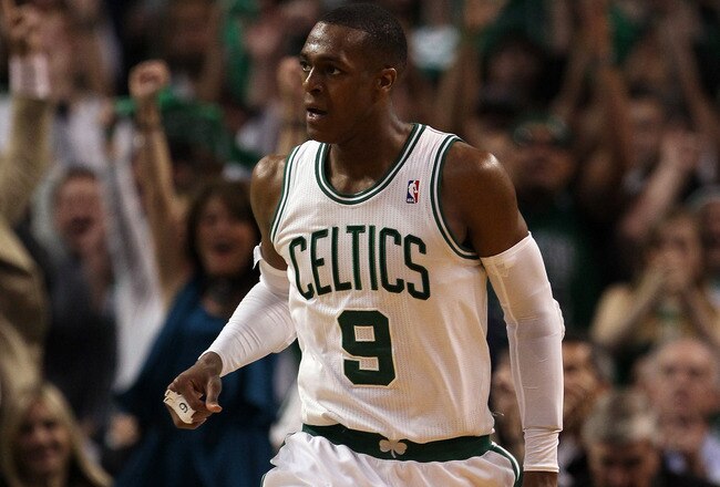 BOSTON, MA - MAY 07: Rajon Rondo #9 of the Boston Celtics heads down court after he scored on a break away in the second half against the Miami Heat in Game Three of the Eastern Conference Semifinals in the 2011 NBA Playoffs on May 7, 2011 at the TD Garden in Boston, Massachusetts.  The Boston Celtics defeated the Miami Heat 97-81. NOTE TO USER: User expressly acknowledges and agrees that, by downloading and or using this photograph, User is consenting to the terms and conditions of the Getty Images License Agreement.  (Photo by Elsa/Getty Images)