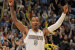 DENVER, CO - APRIL 25:  J.R. Smith #5 of the Denver Nuggets reacts after scoring against the Oklahoma City Thunder in Game Four of the Western Conference Quarterfinals in the 2011 NBA Playoffs on April 24, 2011 at the Pepsi Center in Denver, Colorado. NOTE TO USER: User expressly acknowledges and agrees that, by downloading and or using this photograph, User is consenting to the terms and conditions of the Getty Images License Agreement.  (Photo by Doug Pensinger/Getty Images)