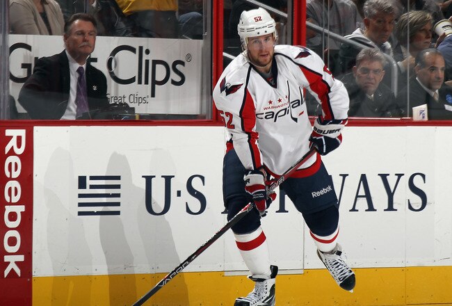 PHILADELPHIA, PA - OCTOBER 20:  Mike Green #52 of the Washington Capitals skates against the Philadelphia Flyers at the Wells Fargo Center on October 20, 2011 in Philadelphia, Pennsylvania. The Capitals defeated the Flyers 5-2.  (Photo by Bruce Bennett/Getty Images)