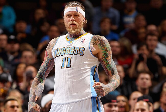 DENVER, CO - FEBRUARY 14:  Chris Andersen #11 of the Denver Nuggets celebrates a blocked shot against the Phoenix Suns at the Pepsi Center on February 14, 2012 in Denver, Colorado. The Nuggets defeated the Suns 109-92. NOTE TO USER: User expressly acknowledges and agrees that, by downloading and or using this Photograph, user is consenting to the terms and conditions of the Getty Images License Agreement.  (Photo by Doug Pensinger/Getty Images)