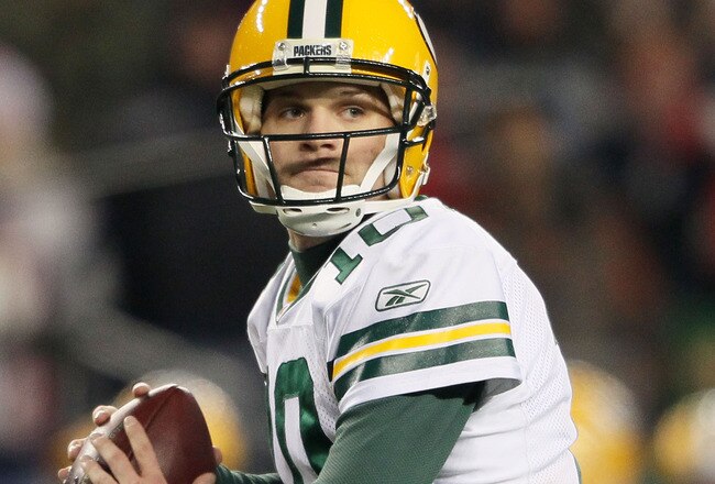 FOXBORO, MA - DECEMBER 19:  Quarterback Matt Flynn #10 of the Green Bay Packers looks to pass during the third quarter of the game against the New England Patriots at Gillette Stadium on December 19, 2010 in Foxboro, Massachusetts. The Patriots won the game 31-27.  (Photo by Elsa/Getty Images)