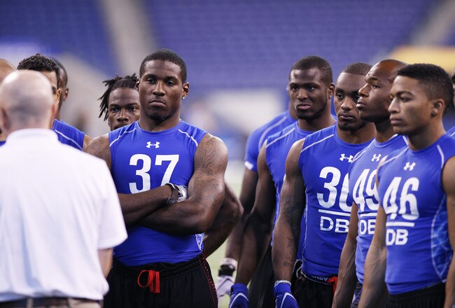 INDIANAPOLIS, IN - MARCH 1: Defensive back Patrick Peterson #37 of LSU looks on while standing with a group of other players during the 2011 NFL Scouting Combine at Lucas Oil Stadium on February 28, 2011 in Indianapolis, Indiana. (Photo by Joe Robbins/Getty Images)
