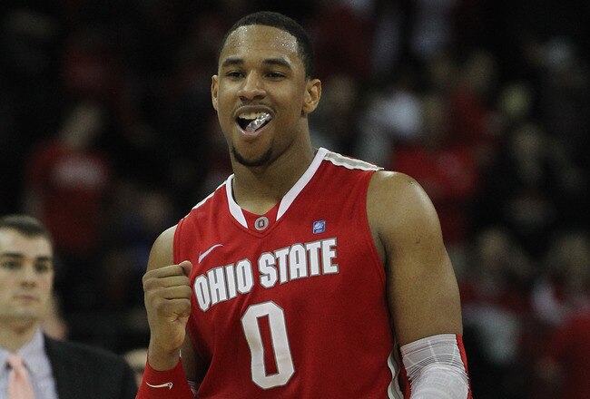MADISON, WI - FEBRUARY 04:  Jared Sullinger #0 of the Ohio State Buckeyes celebrates a win over the Wisconsin Badgers at Kohl Center on February 4, 2012 in Madison, Wisconsin. Ohio State defeated Wisconsin 58-52.  (Photo by Jonathan Daniel/Getty Images)