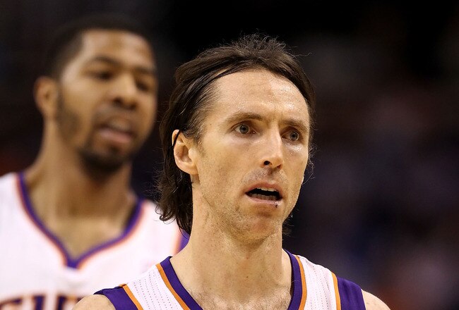 PHOENIX, AZ - FEBRUARY 15:  Steve Nash #13 of the Phoenix Suns during the NBA game against the Atlanta Hawks at US Airways Center on February 15, 2012 in Phoenix, Arizona.  The Hawks defeated the Suns 101-99. NOTE TO USER: User expressly acknowledges and agrees that, by downloading and or using this photograph, User is consenting to the terms and conditions of the Getty Images License Agreement.  (Photo by Christian Petersen/Getty Images)