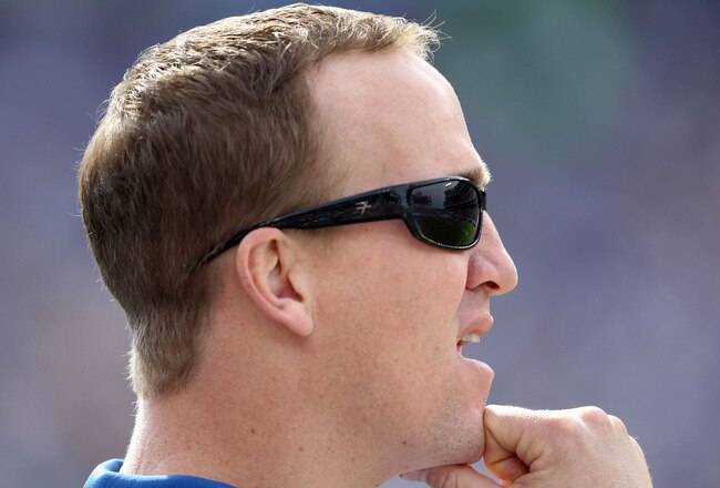 NASHVILLE, TN - OCTOBER 30:  Peyton Manning #18 of the Indianapolis Colts watches the game action during the NFL game against  the Tennessee Titans at LP Field on October 30, 2011 in Nashville, Tennessee.  The Colts lost 27-10.  (Photo by Andy Lyons/Getty Images)