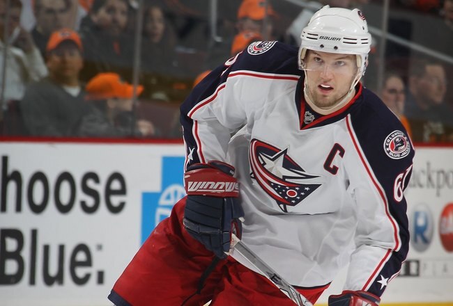 PHILADELPHIA - JANUARY 19:  Rick Nash #61 of the Columbus Blue Jackets skates against the Philadelphia Flyers at the Wachovia Center on January 19, 2010 in Philadelphia, Pennsylvania.  (Photo by Bruce Bennett/Getty Images)