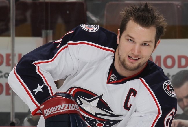 PHILADELPHIA - JANUARY 19:  Rick Nash #61 of the Columbus Blue Jackets skates against the Philadelphia Flyers at the Wachovia Center on January 19, 2010 in Philadelphia, Pennsylvania.  (Photo by Bruce Bennett/Getty Images)