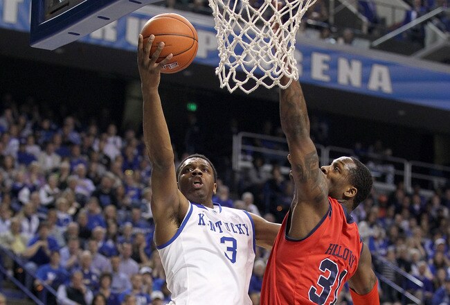 LEXINGTON, KY - FEBRUARY 18:  Terrence Jones #3 of the Kentucky Wildcats shoots the ball while defended by Murphy Holloway #31 of the Ole Miss Rebels during the game at Rupp Arena on February 18, 2012 in Lexington, Kentucky.  (Photo by Andy Lyons/Getty Images)