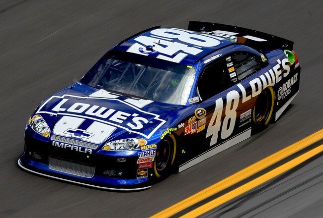 DAYTONA BEACH, FL - FEBRUARY 18:  Jimmie Johnson, driver of the #48 Lowe's Chevrolet, practices for the NASCAR Sprint Cup Series Daytona 500 at Daytona International Speedway on February 18, 2012 in Daytona Beach, Florida.  (Photo by Matthew Stockman/Getty Images)