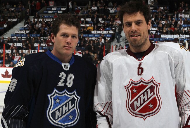OTTAWA, ON - JANUARY 29:  Ryan Suter #20 of the Nashville Predators and Team Chara and Shea Weber #6 of the Nashville Predators and Team Alfredsson  during the 2012 Tim Hortons NHL All-Star Game at Scotiabank Place on January 29, 2012 in Ottawa, Ontario, Canada.  (Photo by Bruce Bennett/Getty Images)