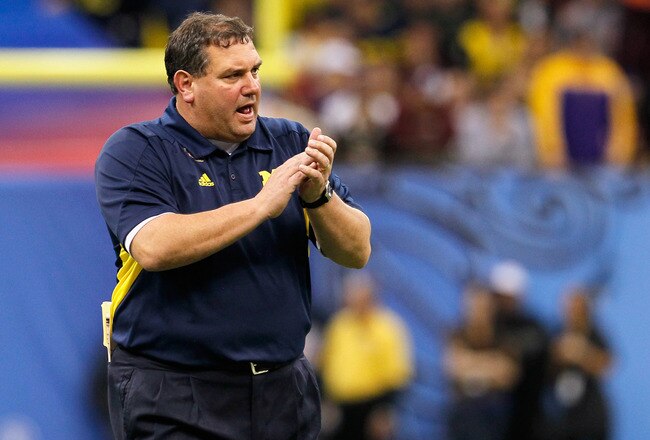 NEW ORLEANS, LA - JANUARY 03:  Head coach Brady Hoke of the Michigan Wolverines applauds his teams play against the Virginia Tech Hokies during the Allstate Sugar Bowl at Mercedes-Benz Superdome on January 3, 2012 in New Orleans, Louisiana.  (Photo by Kevin C. Cox/Getty Images)