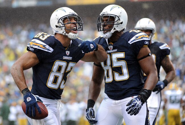 SAN DIEGO, CA - NOVEMBER 06:  Vincent Jackson #83 of the San Diego Chargers celebrates his touchdown with  Greg Jennings #85 for a 7-0 lead over the Green Bay Packers during the first quarter at Qualcomm Stadium on November 6, 2011 in San Diego, California.  (Photo by Harry How/Getty Images)