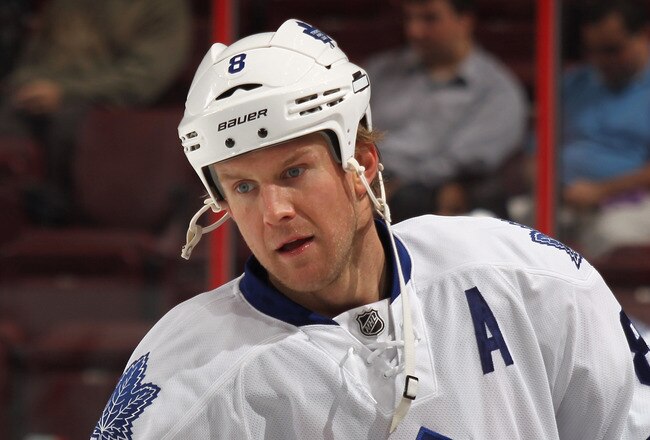 PHILADELPHIA, PA - OCTOBER 24:  Mike Komisarek #8 of the Toronto Maple Leafs skates against the Philadelphia Flyers at the Wells Fargo Center on October 24, 2011 in Philadelphia, Pennsylvania.  (Photo by Bruce Bennett/Getty Images)