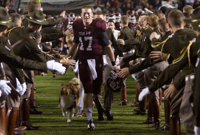 COLLEGE STATION, TX - NOVEMBER 24:  Ryan Tannehill #17 of the Texas A&M Aggies leads his team on to the field prior to a game against the Texas Longhorns  at Kyle Field on November 24, 2011 in College Station, Texas. (Photo by Darren Carroll/Getty Images)