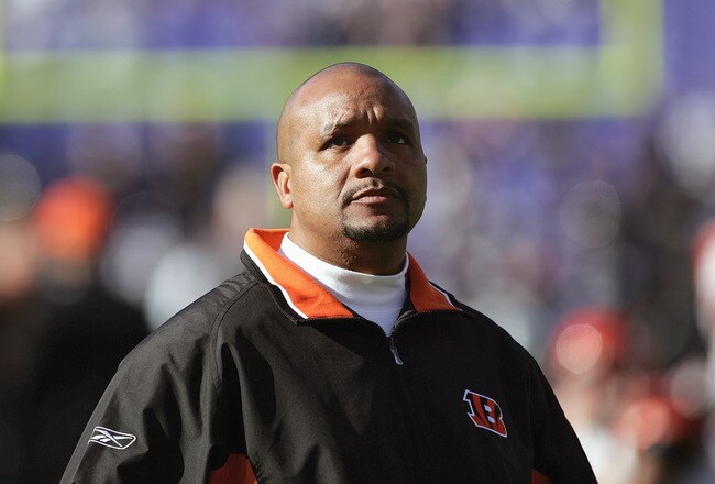 BALTIMORE - DECEMBER 5:  Wide receivers coach Hue Jackson of the Cincinnati Bengals looks on before the game against the Baltimore Ravens at M&T Bank Stadium on December 5, 2004 in Baltimore, Maryland.  The Bengals defeated the Ravens 27-26.  (Photo by Doug Pensinger/Getty Images)