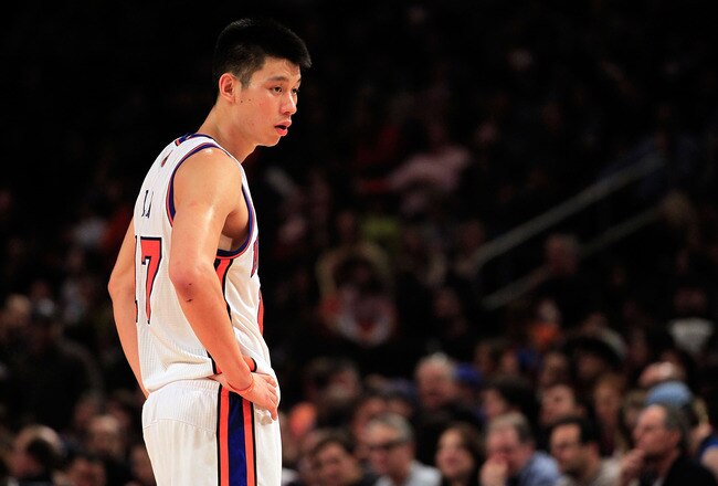 NEW YORK, NY - FEBRUARY 19:  Jeremy Lin #17 of the New York Knicks looks on during the game against the Dallas Mavericks at Madison Square Garden on February 19, 2012 in New York City. NOTE TO USER: User expressly acknowledges and agrees that, by downloading and/or using this Photograph, user is consenting to the terms and conditions of the Getty Images License Agreement.  (Photo by Chris Trotman/Getty Images)
